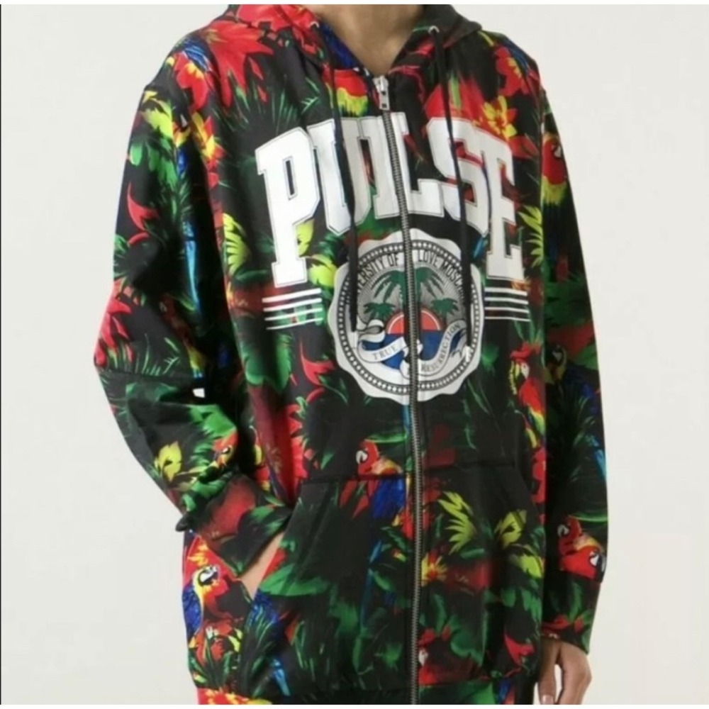 Love Moschino Parrot Print Full Zip Hoodie Tropical Graphic Sweatshirt Large EUC